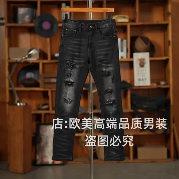 高端原创美式破洞补丁个性男士黑色牛仔裤修身小直筒弹力潮牌时尚