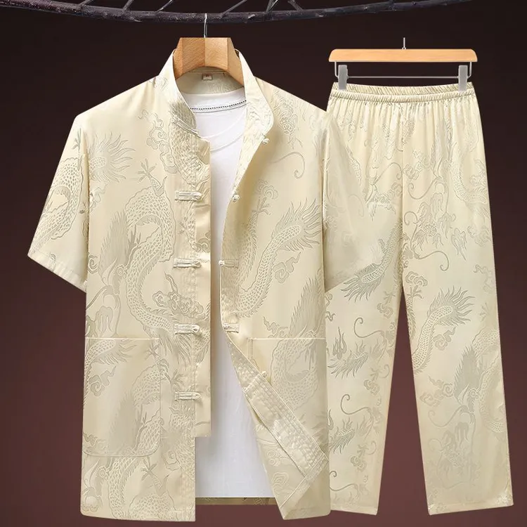 新中式唐装男中老年夏季冰丝短袖衬衫套装龙纹爷爷装汉服太极服