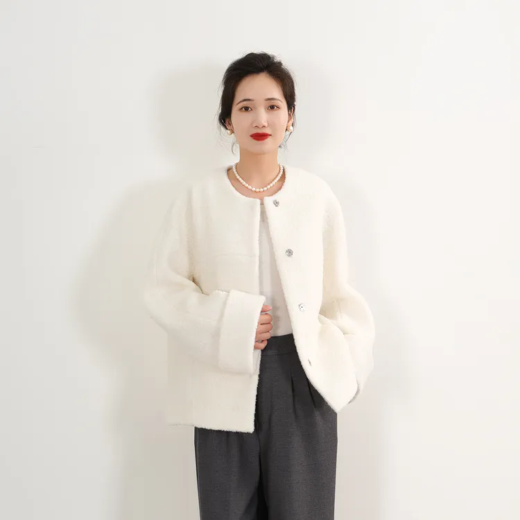 EKNR羊驼毛+进口澳毛圈圈强缩绒小香风圆领大衣女中长款毛呢外套