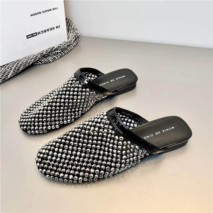 水钻网面包头镂空透气半拖鞋女夏季外穿2025新款平底一脚蹬凉拖鞋