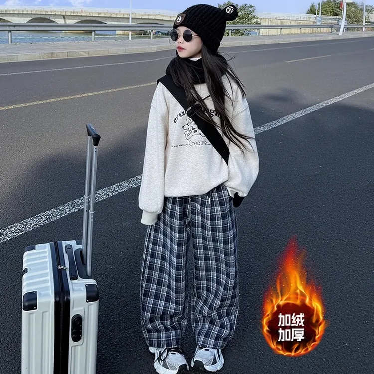 女童格子阔腿裤套装秋冬季2025新款儿童韩版卫衣加绒加厚休闲裤子
