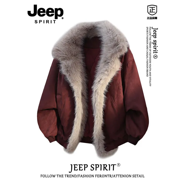 JEEP SPIRIT美式复古座山雕棉服男款秋冬宽松毛领情侣休闲外套男