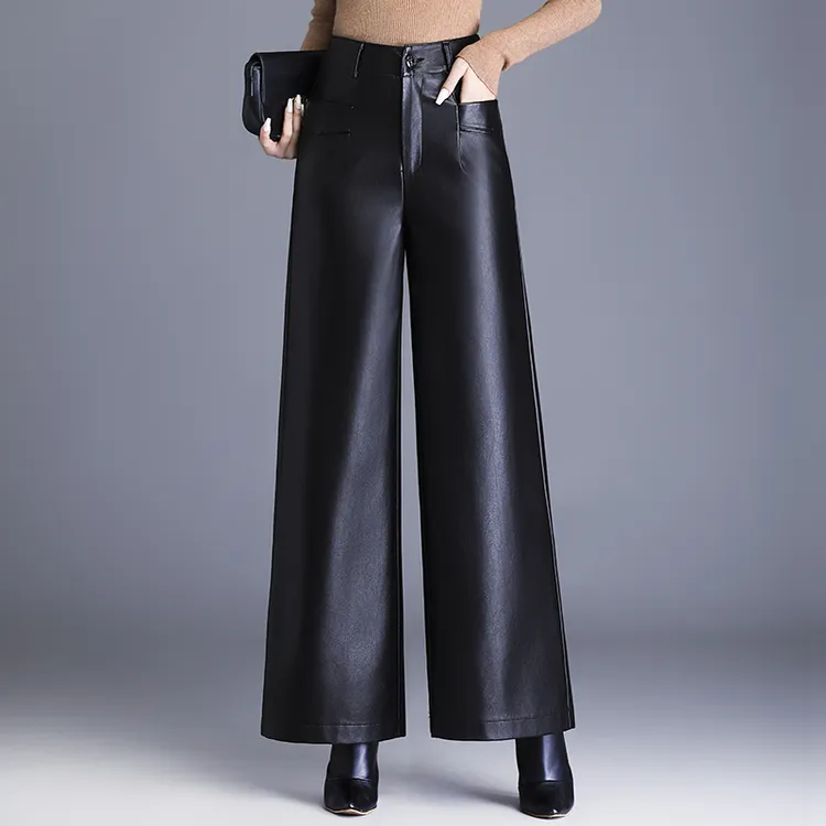PU皮裤休闲裤女秋冬新款宽松阔腿裤长裤黑色百搭显瘦口袋直筒裤子