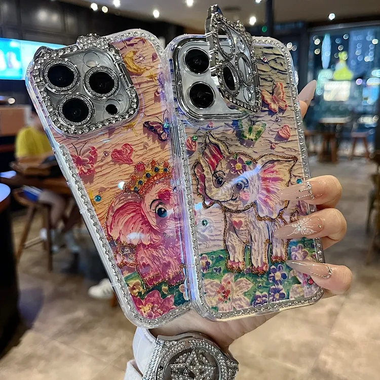 适用苹果系列iPhone16手机壳油画蝴蝶大象猫咪一体支架钻框镜头膜