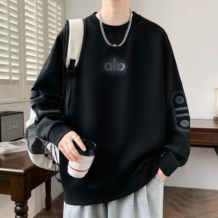 圆领卫衣男秋冬季落肩袖宽松印花t恤衫男重磅加绒青少年保暖上衣T