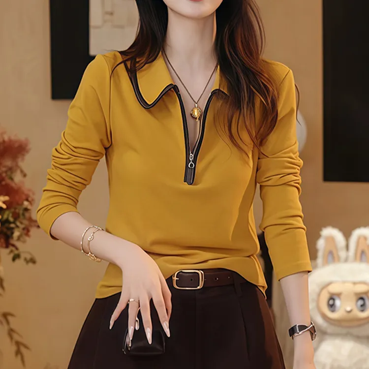 韩系纯色设计感半拉链翻领长袖T恤女2025秋新款气质时尚显瘦上衣