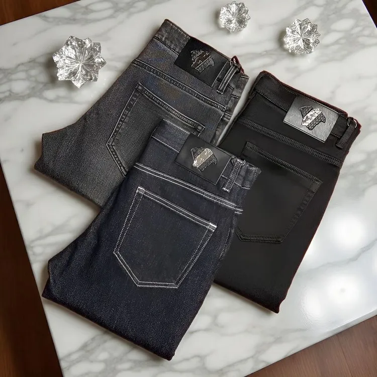 长裤男简欧风秋冬厚款牛仔裤修身小直筒商务秋季男装保暖百搭裤子