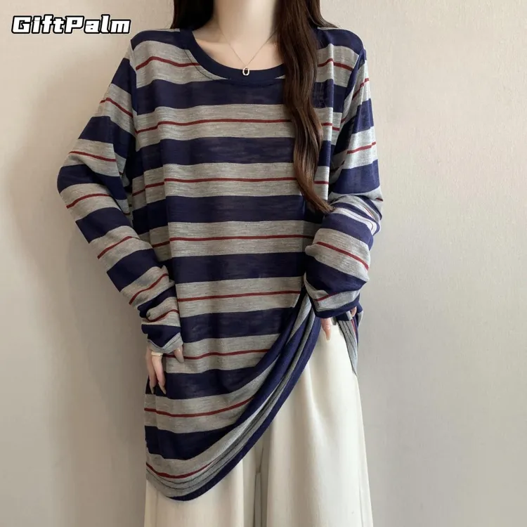 GiftPalm纹长袖T恤打底衫女秋季大尺码胖mm显瘦休闲中长版遮屁股
