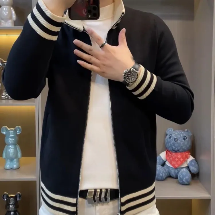 欧洲站2025新款男装时尚百搭时尚立领针织夹克休闲修身长袖上衣男