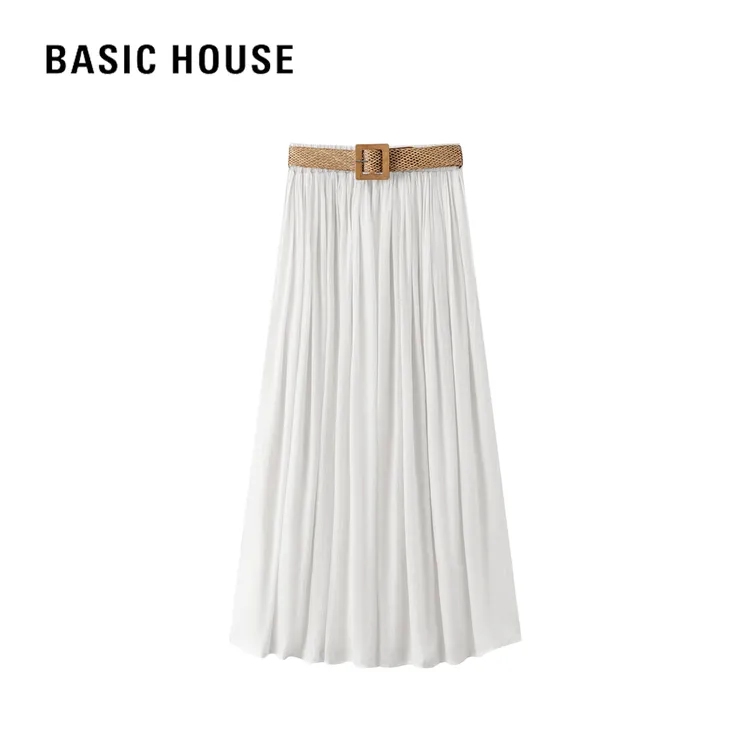 Basic House/百家好夏季显瘦轻奢时尚休闲百搭大摆高腰A字半身裙