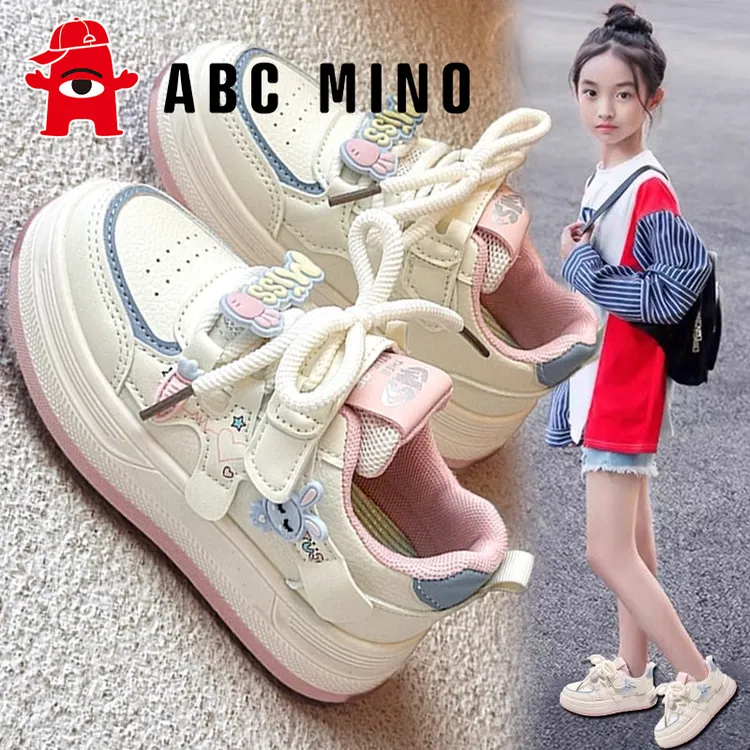 ABC MINO女童鞋秋季2025新款儿童运动小白鞋皮面女孩轻便休闲板鞋