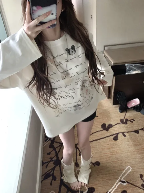 大码胖mm显瘦百搭休闲手绘印花小狗T恤秋冬款ins圆领宽松长袖上衣