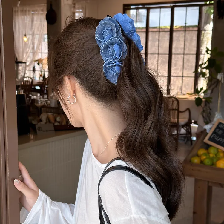 易梦玲风 韩系蓝色牛仔花朵香蕉夹女后脑勺发夹扎高马尾竖夹头饰