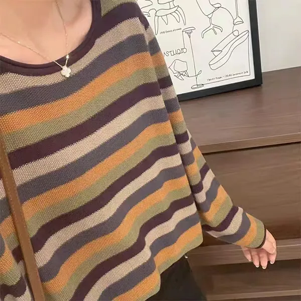 彩色条纹针织衫慵懒长袖毛衣2025秋季新款女装宽松显瘦上衣