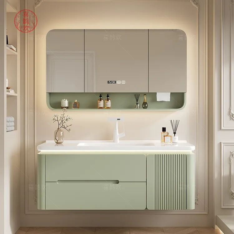 喜鹊欢果绿色烤漆橡木浴室柜陶瓷一体盆洗脸盆柜组合洗手盆洗漱池