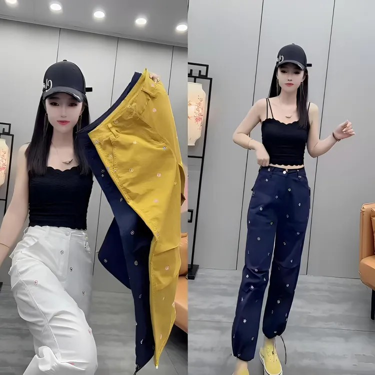 刺绣束脚工装裤女夏季2025新款高腰宽松直筒运动休闲裤