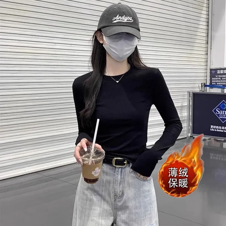 长袖打底衫t恤女秋冬薄绒保暖新款欧货圆领修身辣妹洋气小衫上衣