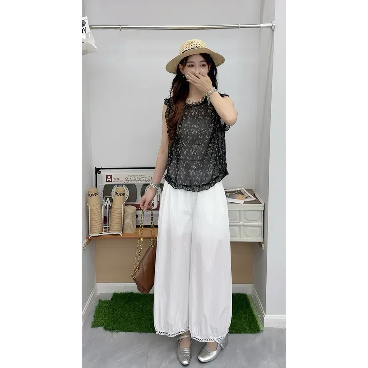 Y2X929-法式高级感碎花无袖衬衫女夏季薄款衬衣+白色阔腿裤灯笼裤