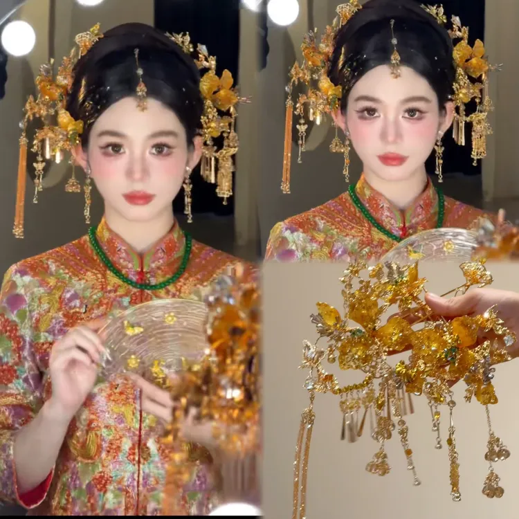 合金婚庆饰品 930124婚庆饰品 新款新中式金色减龄新娘秀禾头饰