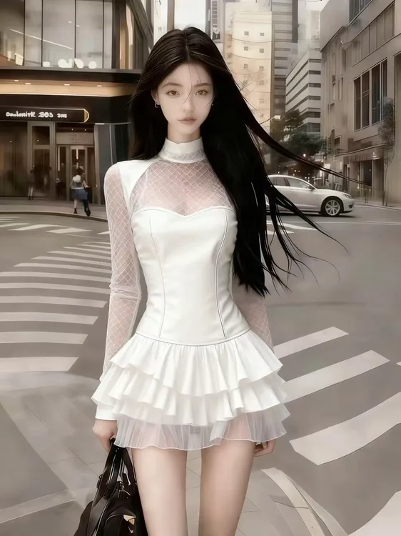 秋季时尚优雅显瘦高级感白色高领拼接网纱渔网设计高腰长袖连衣裙