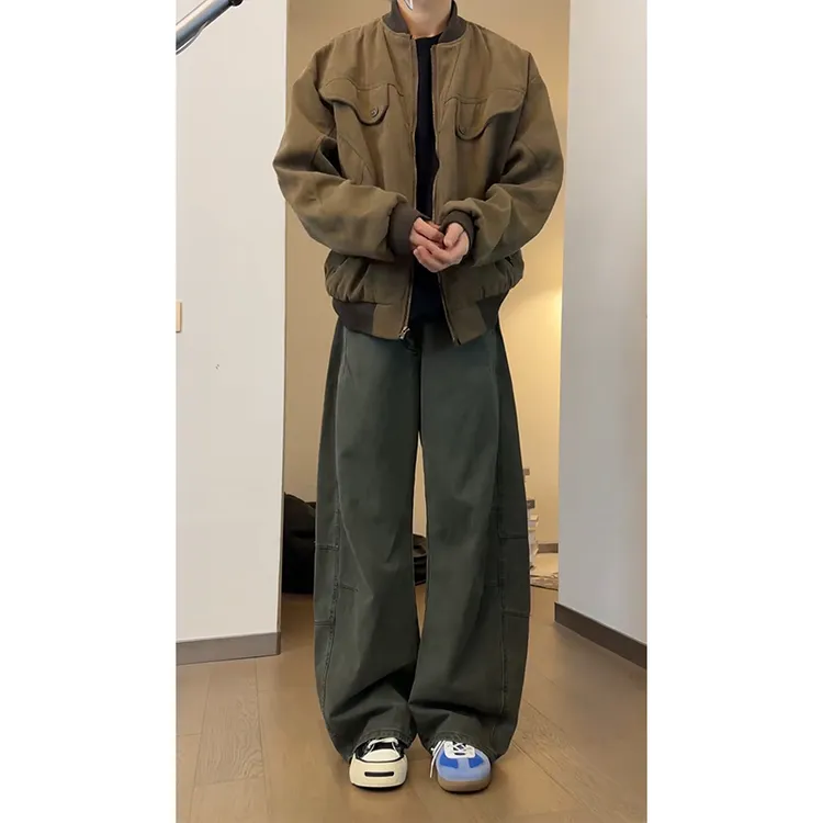 军绿色弯刀工装牛仔裤男秋季美式复古阔腿裤子cleanfit解构工装裤