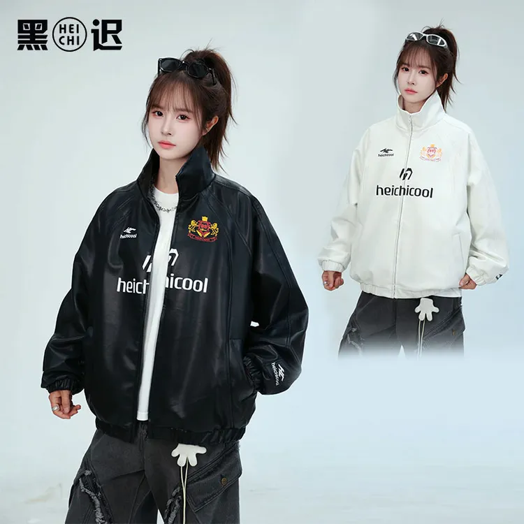 美式高街PU皮衣机车服男女设计感小众宽松潮牌夹克外套