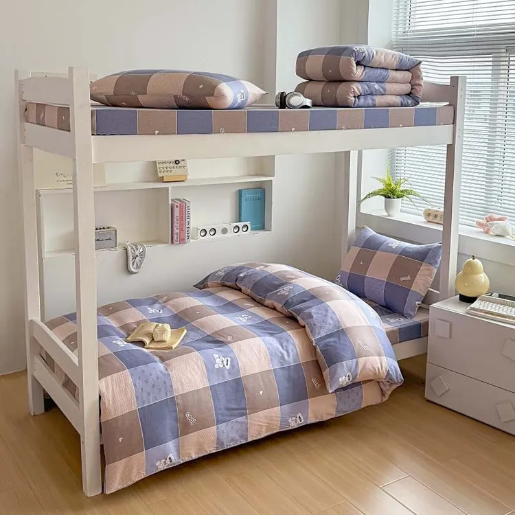 学生全棉三件套六件套床单款大学生简约格子单人寝室上下铺宿舍