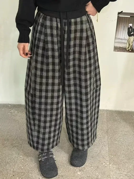 今年流行格子毛呢阔腿裤女小个子冬季加绒慵懒感八九分香蕉奶奶裤