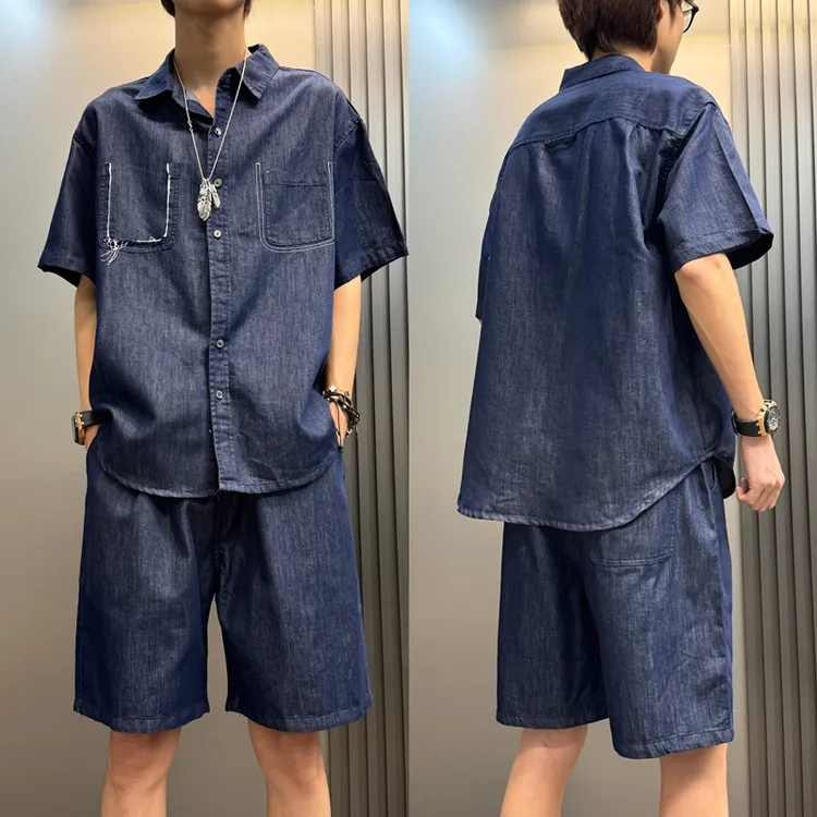 夏季新款辑明线拼接翻领牛仔短袖衬衫美式复古宽松短裤时尚套装潮