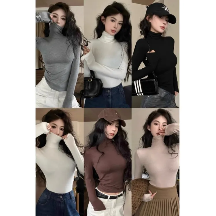 磨毛保暖高领T恤洋气女秋冬弹力灰色长袖内搭上衣加绒打底衫