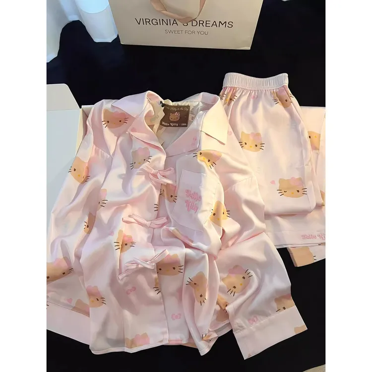 韩系粉色Kitty冰丝缎面长裤家居服套装睡衣女款爆款2025新款
