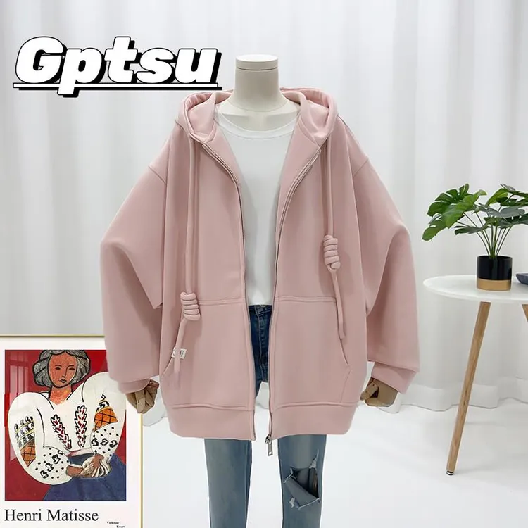 GPTSu2025年秋冬季韩版宽松简单风连帽女士遮臀卫衣拉链外套口袋