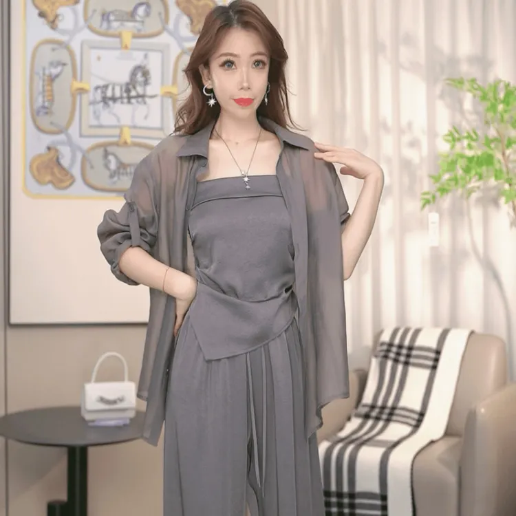 2024夏季新款时尚韩版衬衫高腰拖地直筒裤三件套装女Y