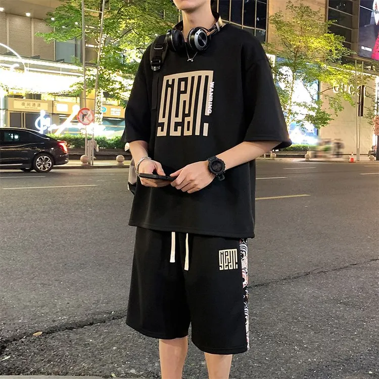 2025年夏季韩版时尚气质男士短袖休闲短裤两件套印花字母痞帅ins