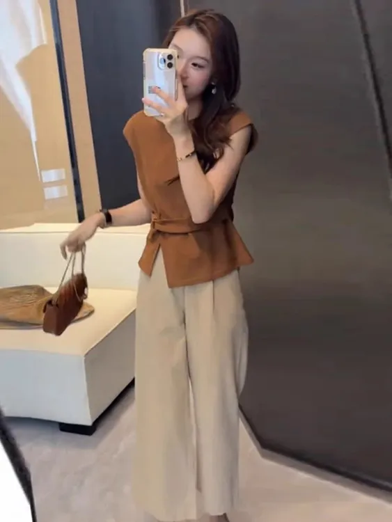 夏季穿搭一整套女2025超火小个子高腰气质显瘦阔腿休闲裤两件套女