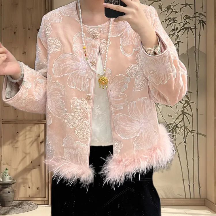商场同款重工刺绣鸵鸟毛上衣国风盘扣钉珠外套059