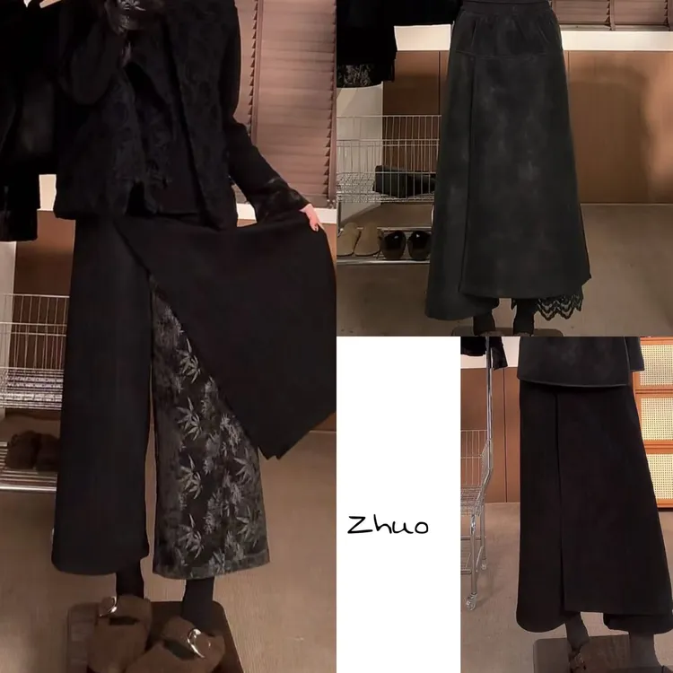 Zoe 原创【锈迹】冬季丝绒复古纹理裙裤加绒加厚显瘦时尚高腰宽松