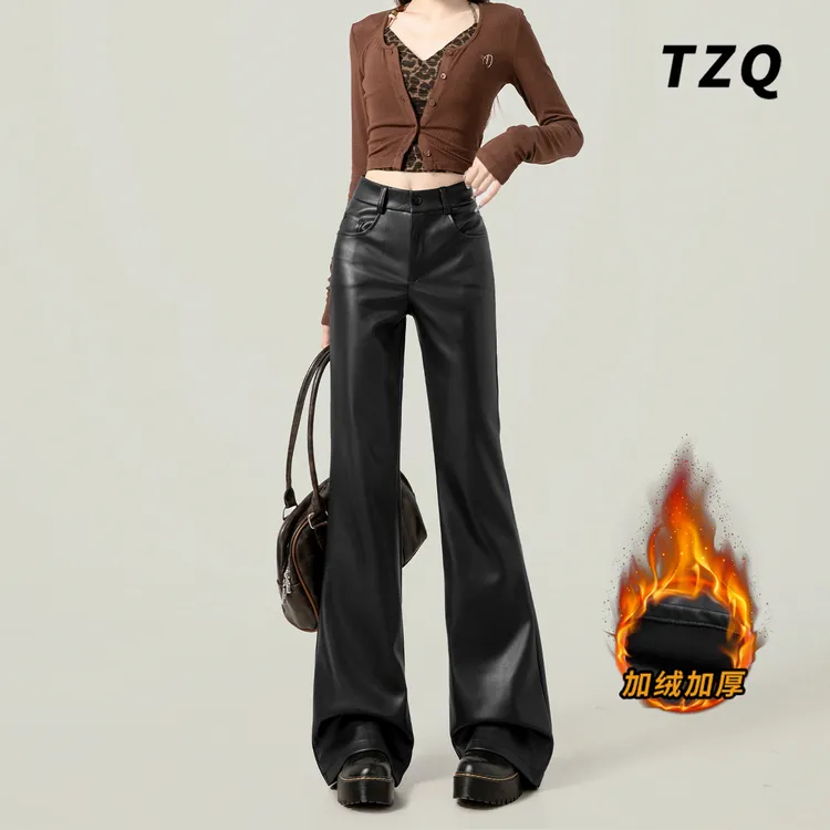 复古辣妹高腰黑色皮裤女2025加绒显瘦百搭微喇裤喇叭长裤TZQ90333