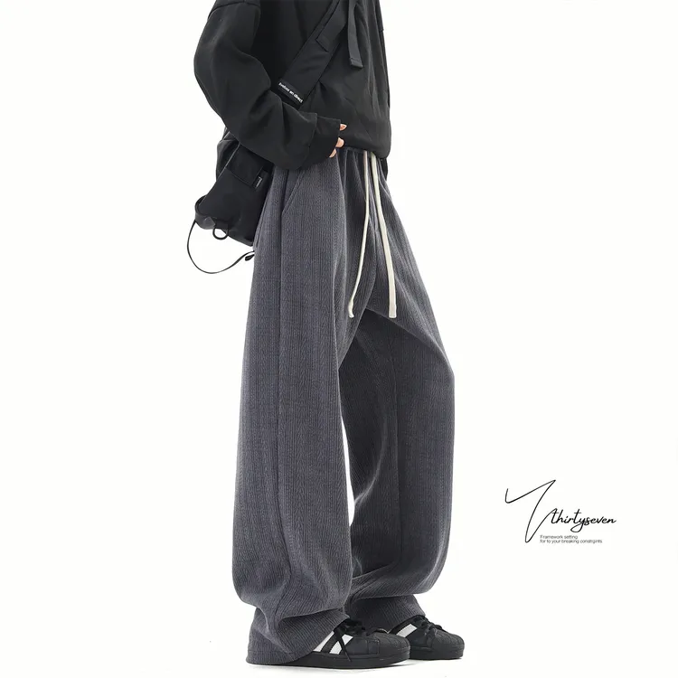 V37麦穗纹运动卫裤男秋美式重磅垂感宽松直筒裤弯休闲阔腿裤子