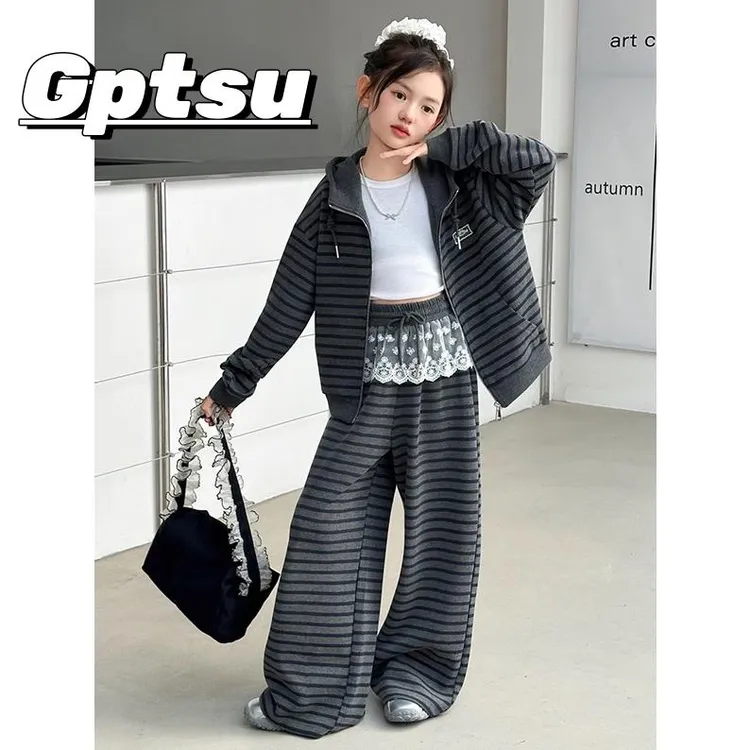 GPTSu女童套装秋装2025新款休闲外套儿童条纹阔腿裤两件套女大童