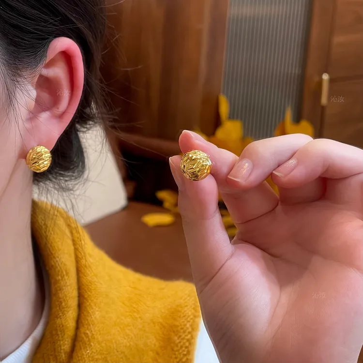 【沁汝饰品】FQ841金色纹理切割质感耳钉轻奢法式时尚