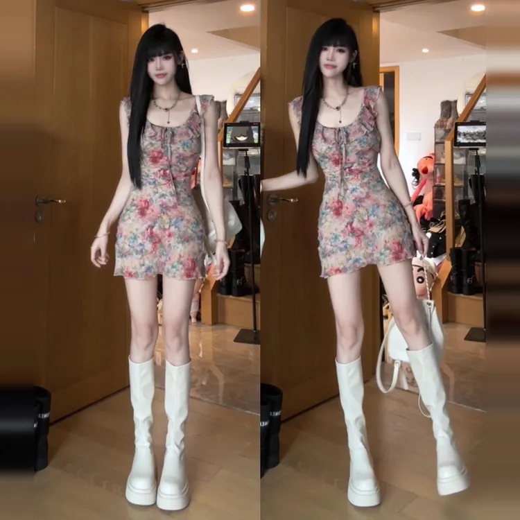 法式碎花吊带连衣裙子女2025夏季新款小个子超好看荷叶边包臀短裙