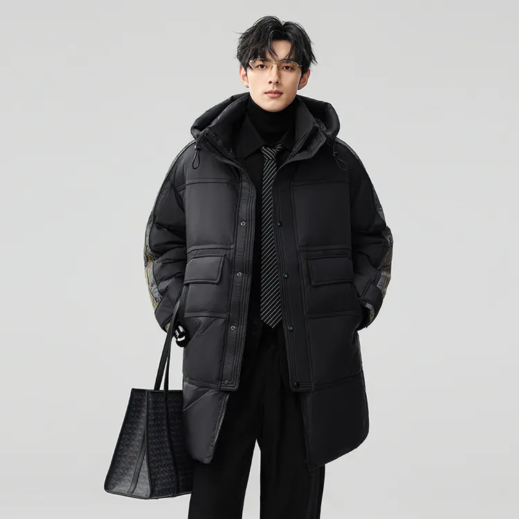 冬季中长款羽绒服男90白鸭绒连帽拼接宽松保暖男女同款潮流外套