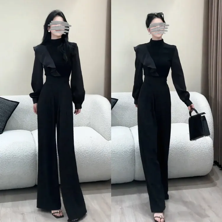 2025新款半高领长袖T恤女时尚修身显瘦上衣+百搭显高显瘦拖地裤