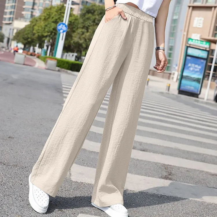 垂坠感棉麻阔腿裤女2025夏季新款高腰宽松显瘦松紧腰直筒休闲裤子