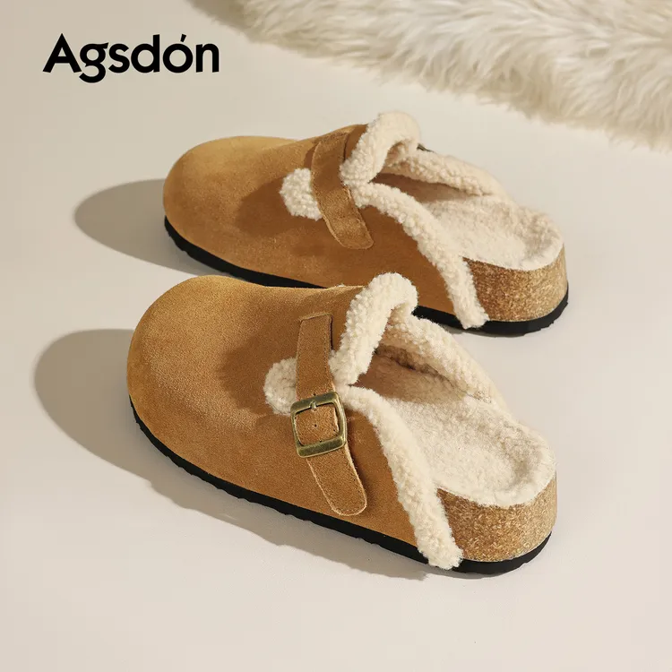 奥古狮登加绒勃肯鞋女2025新款冬季厚底保暖一脚蹬包头半拖鞋棉鞋