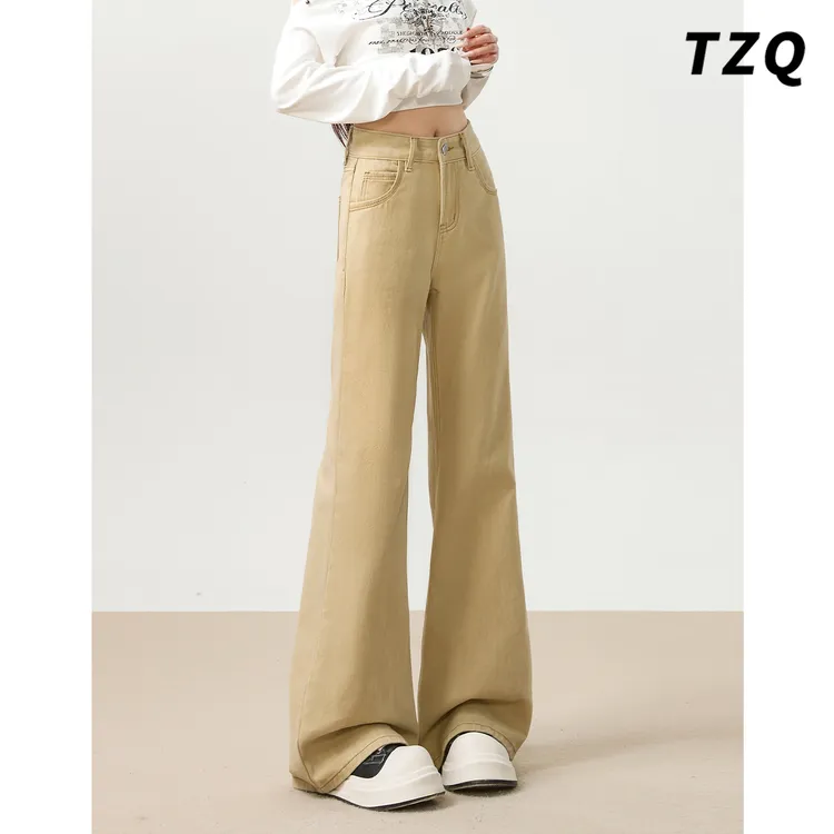 美式卡其色微喇牛仔裤女秋季2025爆宽松阔腿喇叭拖地裤TZQ2582659