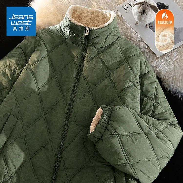 真维斯立领棉服男女冬季加绒加厚羊羔绒棉衣外套棕榈绿大码防寒服