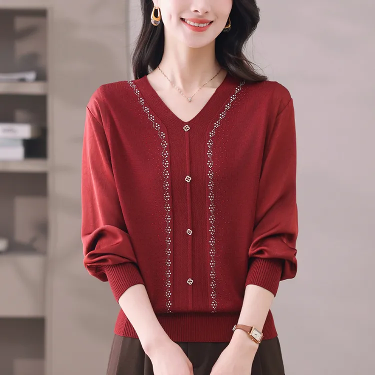 雪纺打底衫女士春秋洋气减龄拼接上衣宽松显瘦大码V领冰丝针织衫