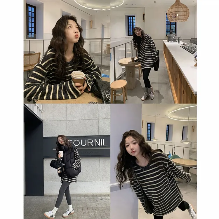 厚重感350克 奥利奥兔绒慵懒打底衫女冬季宽松条纹长袖大T恤上衣